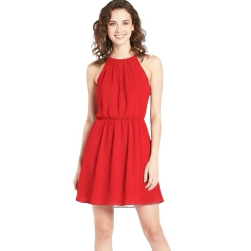 Lush Nordstrom Bright Red Chiffon Halter Skater Dress Mini Lightweight M
